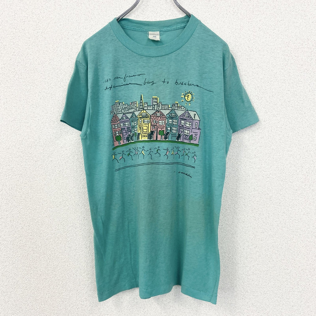 半袖プリントTシャツ　街並み　カラフル　カジュアルデザイン　青　ブルー　シングルステッチ　90s　Lサイズ　　ヴィンテージ　古着