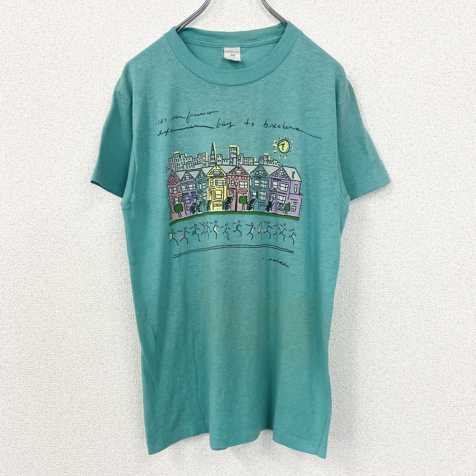 半袖プリントTシャツ　街並み　カラフル　カジュアルデザイン　青　ブルー　シングルステッチ　90s　Lサイズ　　ヴィンテージ　古着