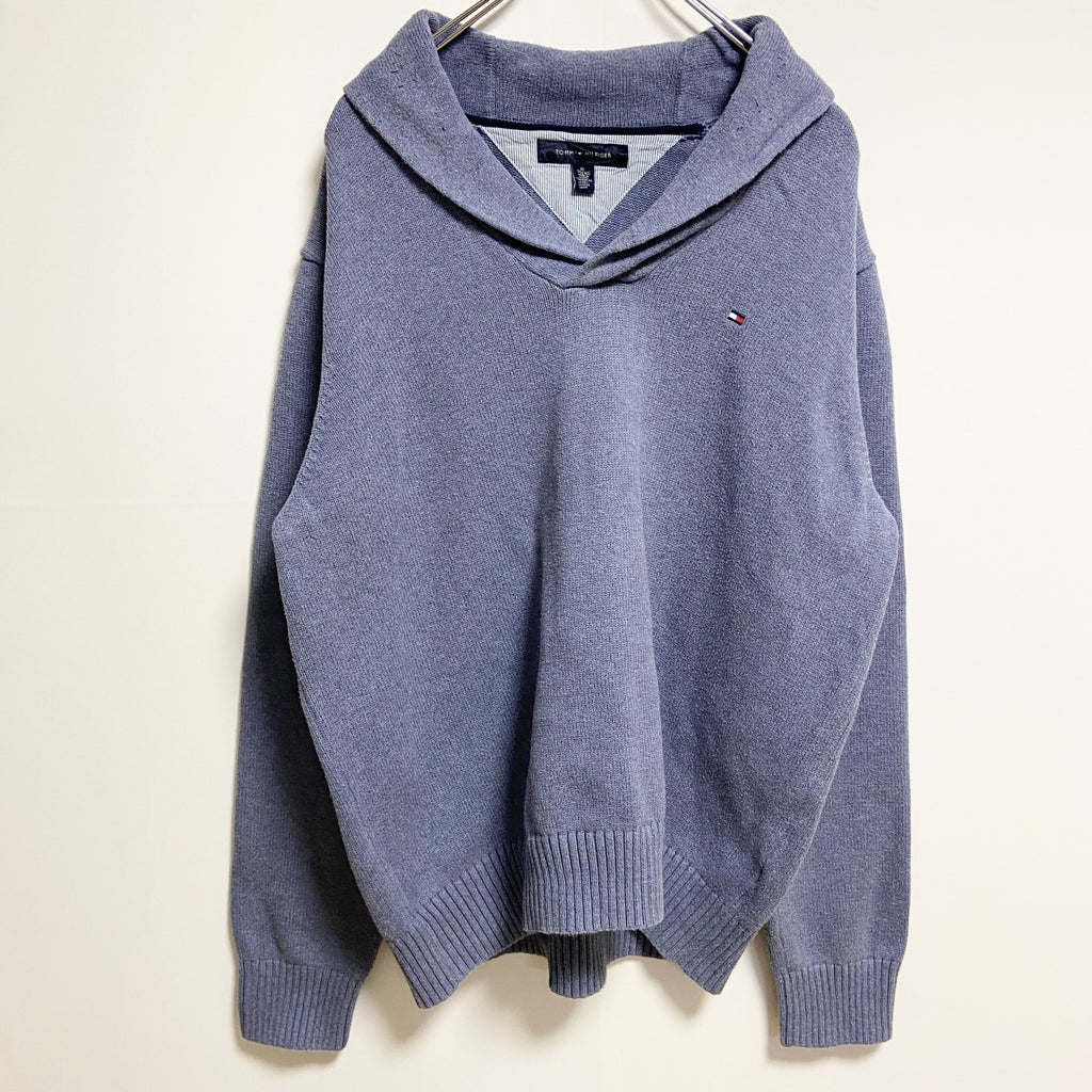 TOMMYHILFIGER　トミーヒルフィガー　長袖ショールカラーニット　セーター　水色　ライトブルー　XLサイズ　古着