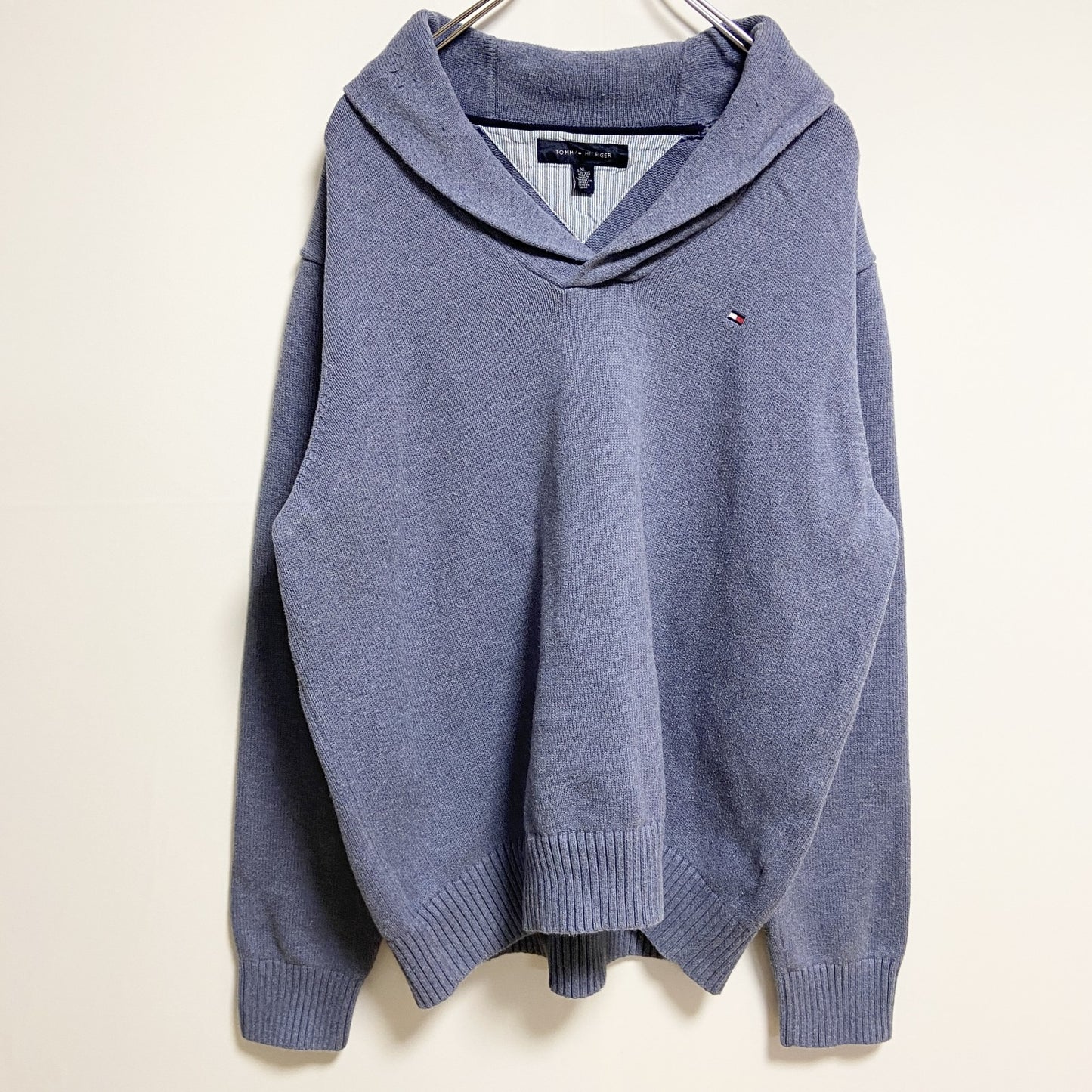 古着 used　TOMMYHILFIGER　トミーヒルフィガー　長袖ショールカラーニット　セーター　水色　ライトブルー　XLサイズ