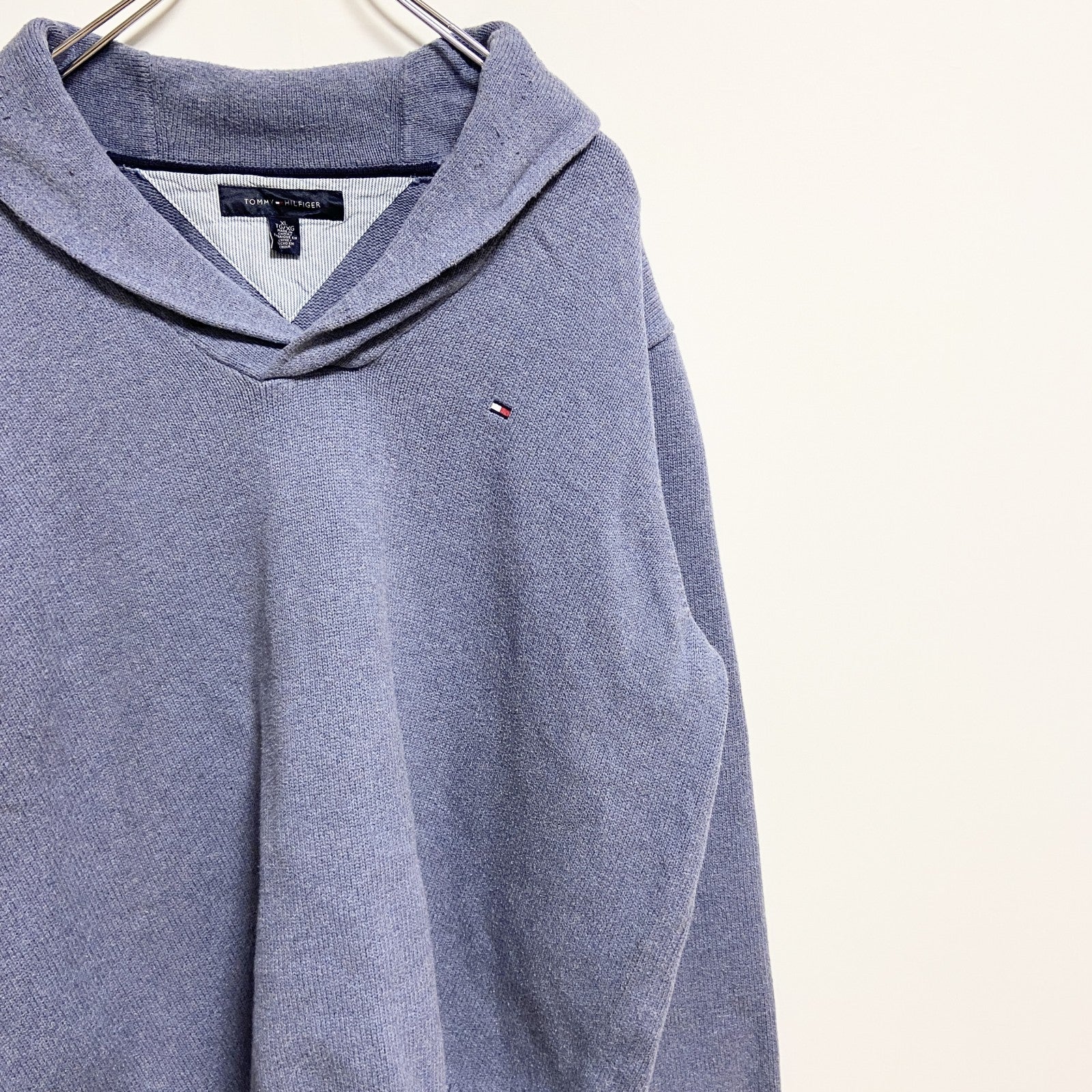 TOMMYHILFIGER　トミーヒルフィガー　長袖ショールカラーニット　セーター　水色　ライトブルー　XLサイズ　古着