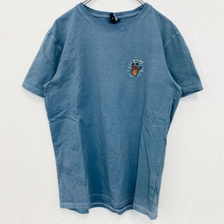 CAYLER　ケイラー　半袖ワンポイント刺繍Tシャツ　バックプリント　レトロデザイン　青　ブルー　Mサイズ　古着