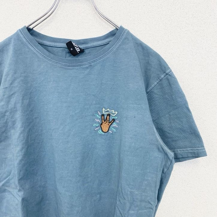 CAYLER　ケイラー　半袖ワンポイント刺繍Tシャツ　バックプリント　レトロデザイン　青　ブルー　Mサイズ　古着
