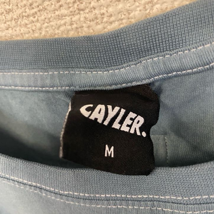 CAYLER　ケイラー　半袖ワンポイント刺繍Tシャツ　バックプリント　レトロデザイン　青　ブルー　Mサイズ　古着