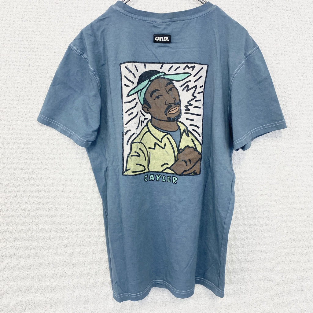 CAYLER　ケイラー　半袖ワンポイント刺繍Tシャツ　バックプリント　レトロデザイン　青　ブルー　Mサイズ　古着