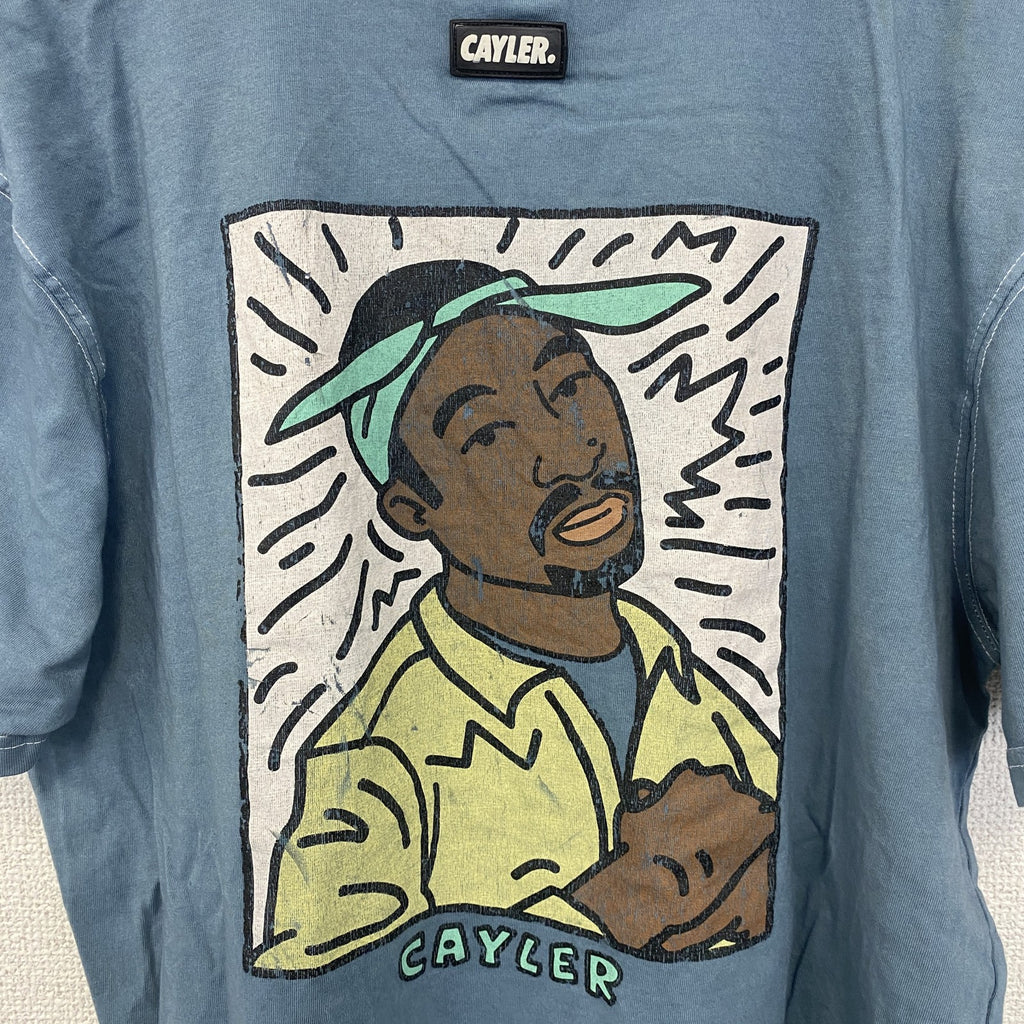 CAYLER　ケイラー　半袖ワンポイント刺繍Tシャツ　バックプリント　レトロデザイン　青　ブルー　Mサイズ　古着