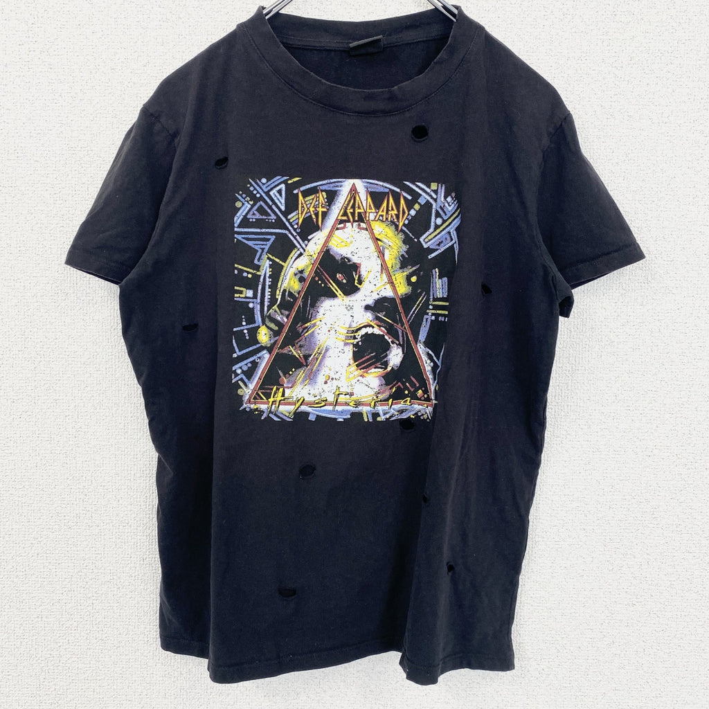 半袖プリントTシャツ　デフ・レパード　ヒステリア　アルバムジャケット　ダメージ加工　黒　ブラック　Sサイズ　古着