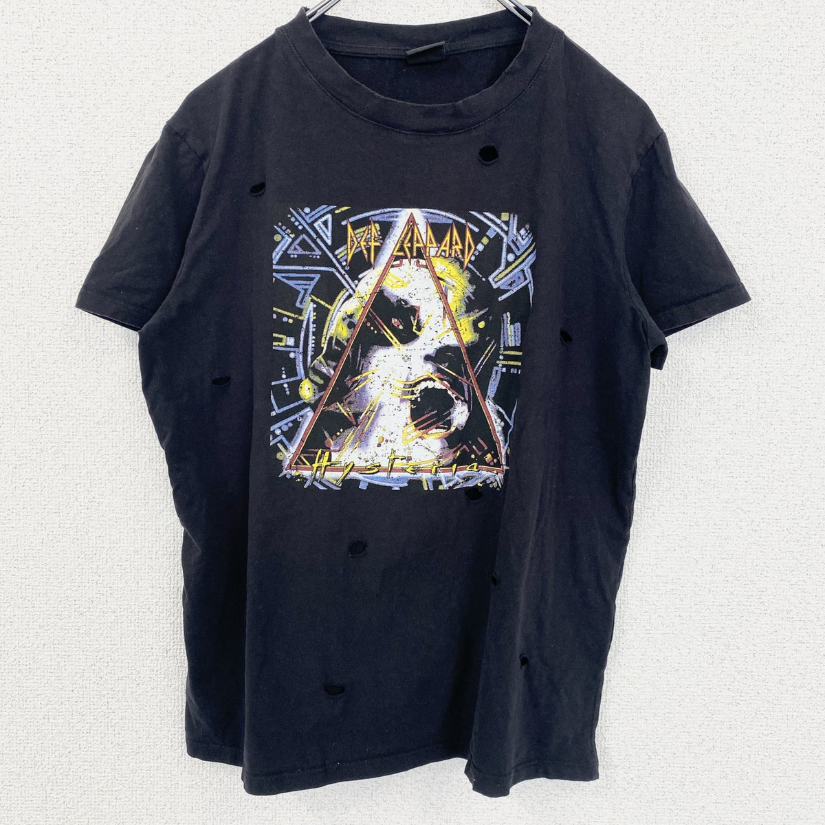 半袖プリントTシャツ　デフ・レパード　ヒステリア　アルバムジャケット　ダメージ加工　黒　ブラック　Sサイズ　古着