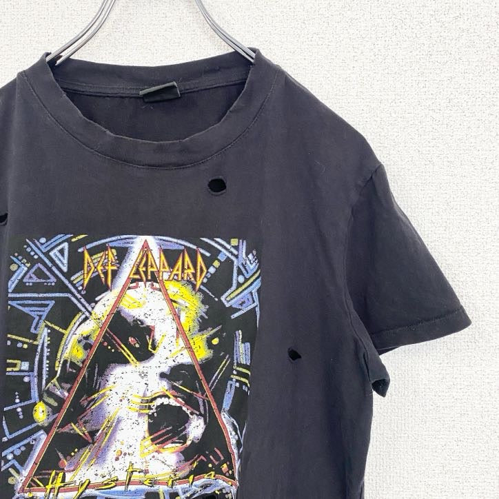 半袖プリントTシャツ　デフ・レパード　ヒステリア　アルバムジャケット　ダメージ加工　黒　ブラック　Sサイズ　古着
