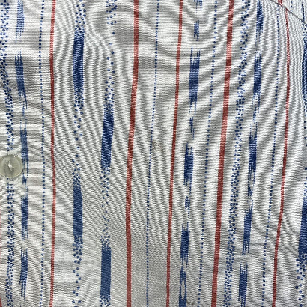 半袖プリント総柄シャツ　開襟　レトロデザイン　アロハ　清涼　ストライプ柄　胸ポケット　Mサイズ　古着