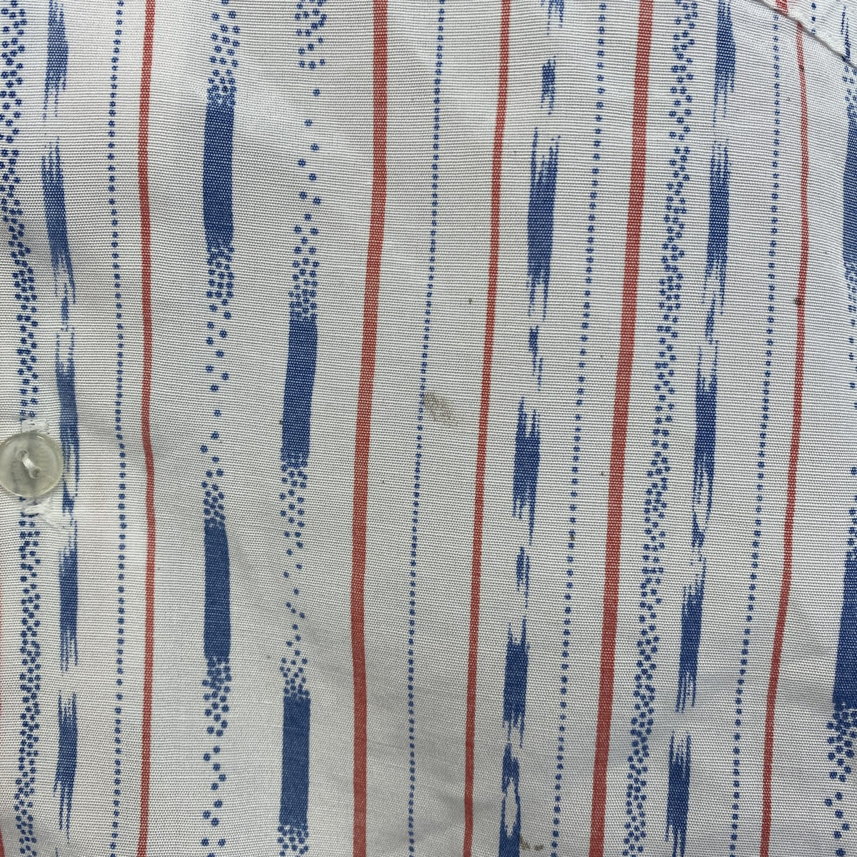 半袖プリント総柄シャツ　開襟　レトロデザイン　アロハ　清涼　ストライプ柄　胸ポケット　Mサイズ　古着