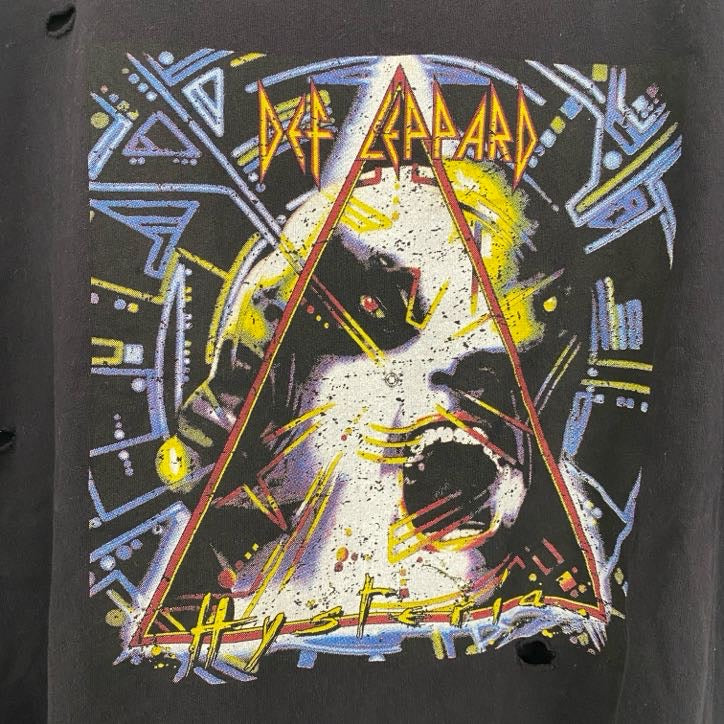 半袖プリントTシャツ　デフ・レパード　ヒステリア　アルバムジャケット　ダメージ加工　黒　ブラック　Sサイズ　古着