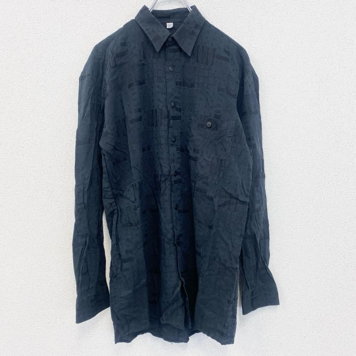 長袖総柄シャツ　レトロデザイン　個性的　シック　幾何学模様　胸ポケット　黒　ブラック　Lサイズ　古着