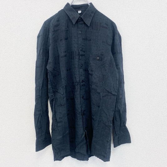 古着 used　長袖総柄シャツ　レトロデザイン　個性的　シック　幾何学模様　胸ポケット　黒　ブラック　Lサイズ