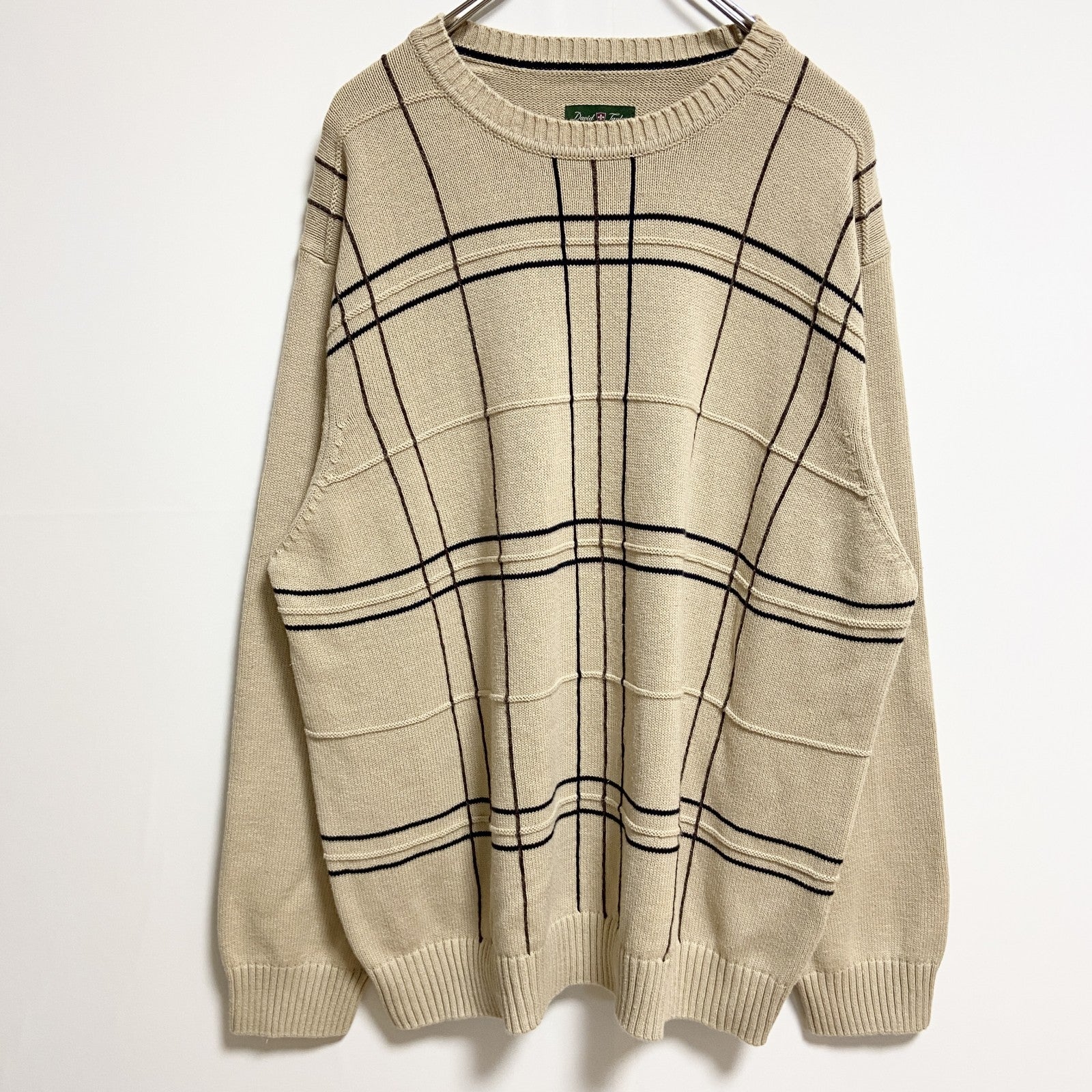 DavidTaylor　長袖チェック柄クルーネックニット　セーター　ベージュ　秋冬服　ビッグシルエット　XLサイズ　古着