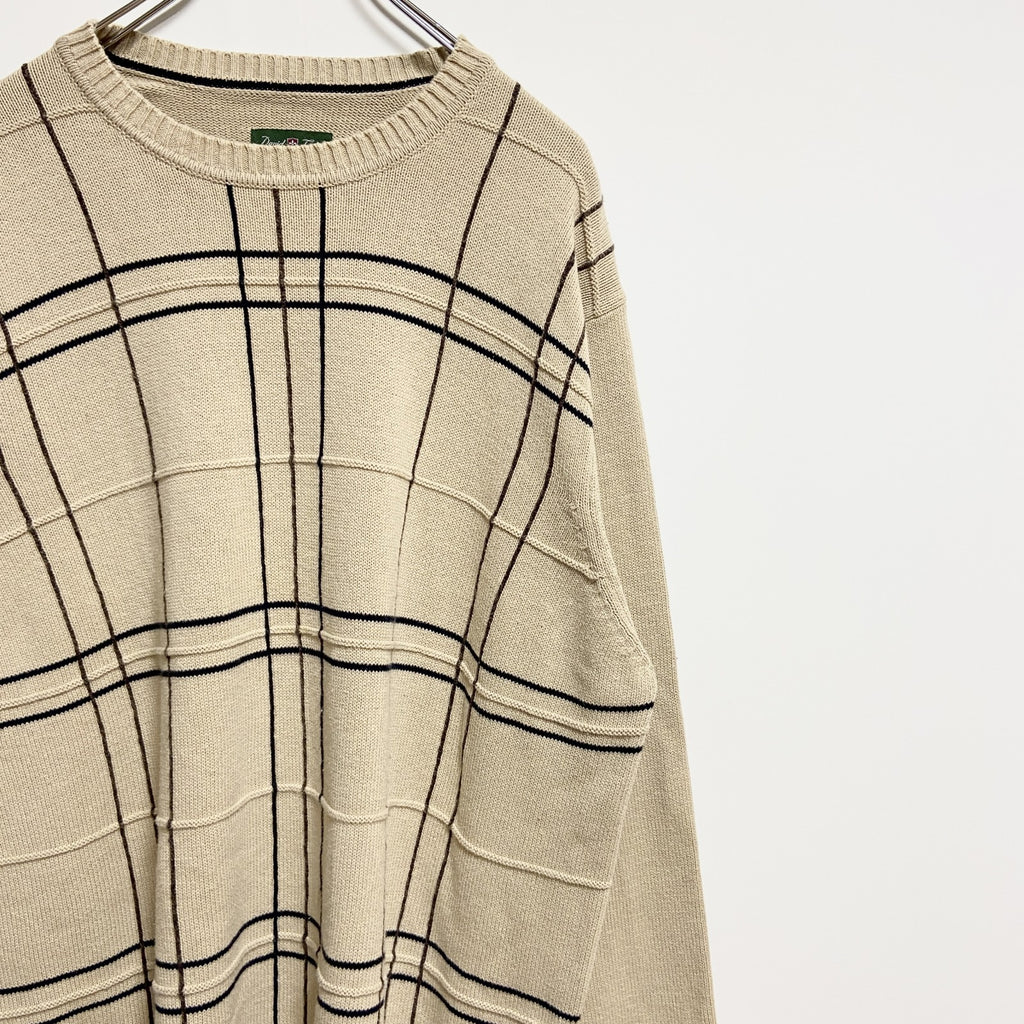 DavidTaylor　長袖チェック柄クルーネックニット　セーター　ベージュ　秋冬服　ビッグシルエット　XLサイズ　古着