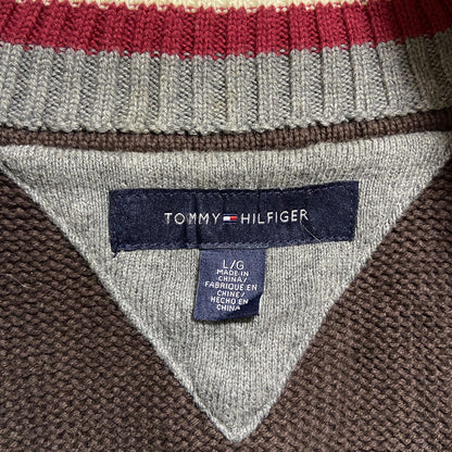 古着 used　TOMMYHILFIGER　トミーヒルフィガー　長袖重ね着風ジップアップニット　セーター　茶色　秋冬服　Lサイズ