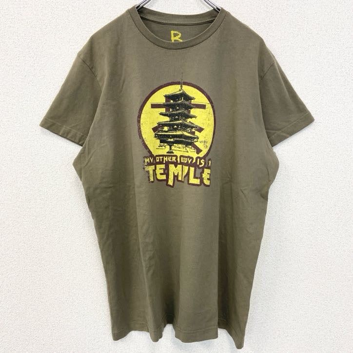 半袖プリントTシャツ　TEMPLE　寺　和風　クルーネック　レトロデザイン　カーキ　オリーブカラー　Lサイズ　古着