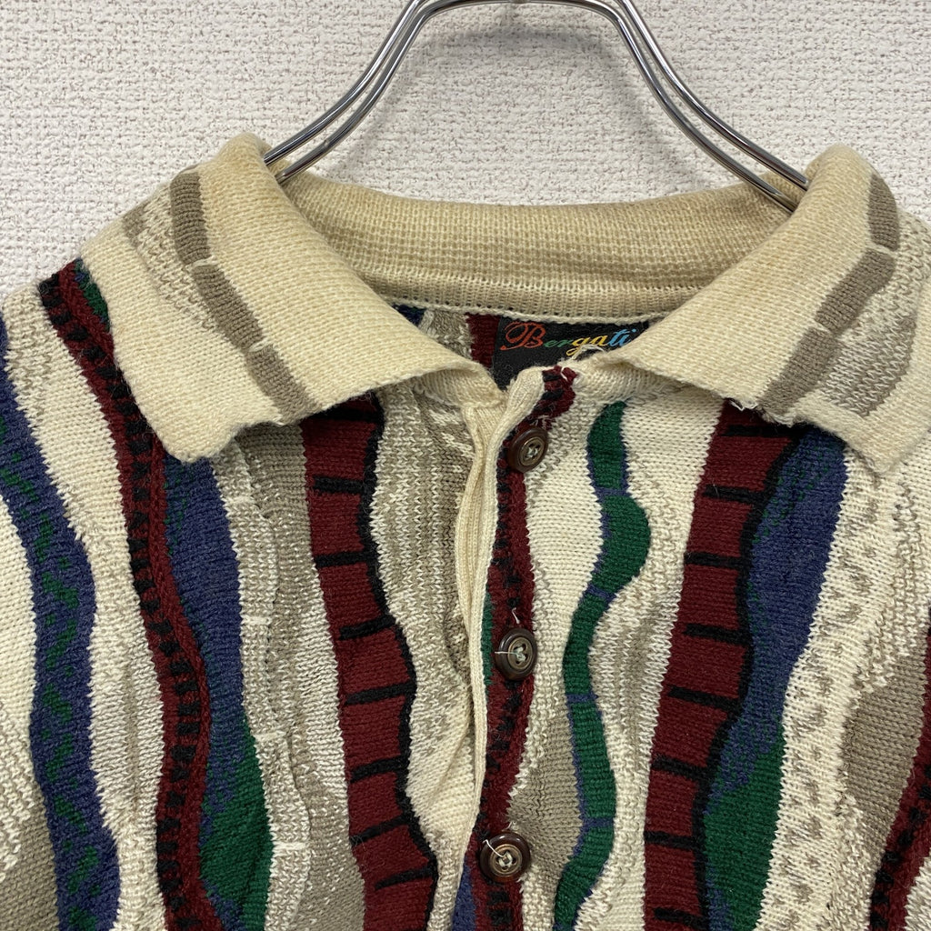 90s～　Bergati　COOGI風アクリルニットセーター　3Dニット　ハーフボタン　ヴィンテージ　総柄　マルチカラー　Lサイズ　古着