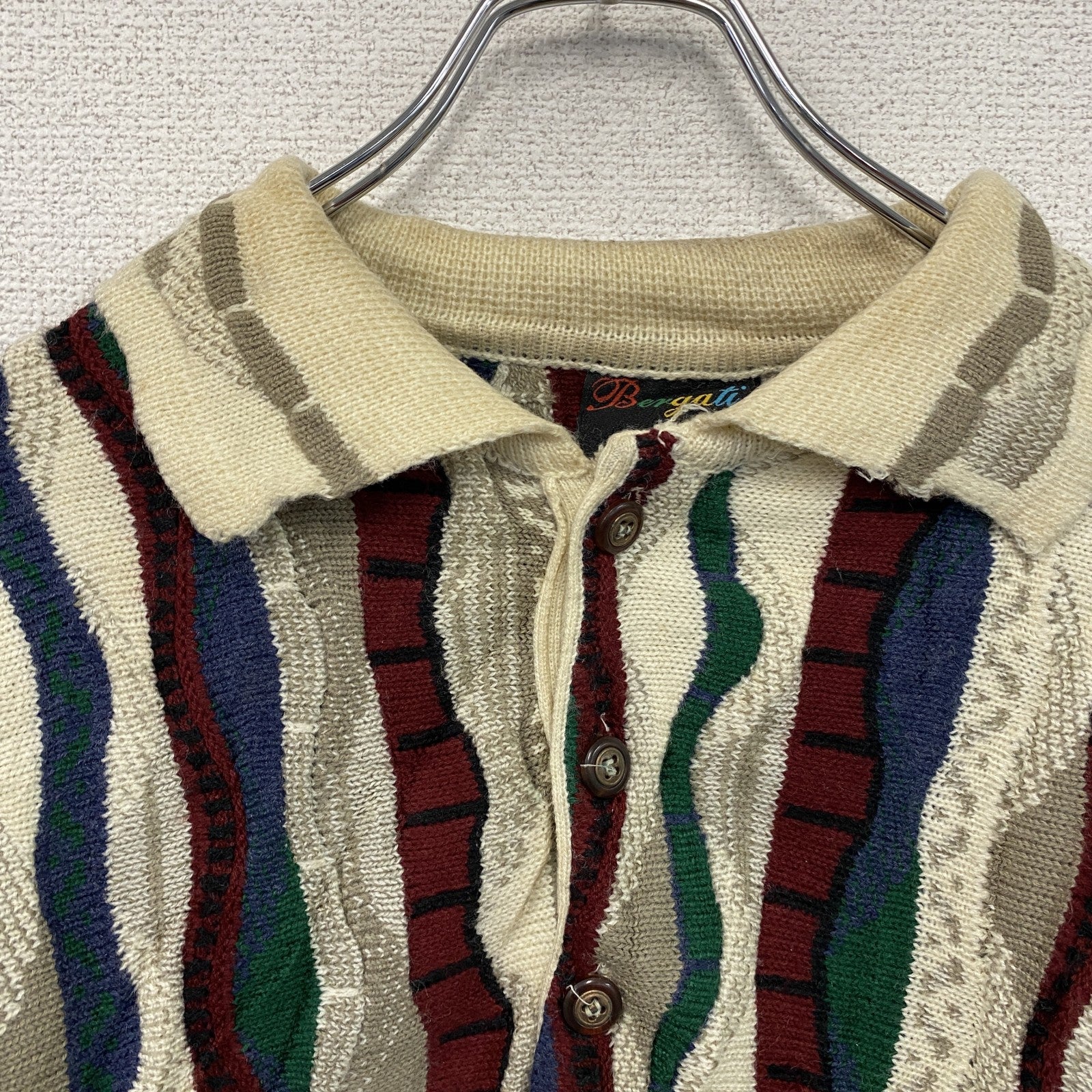 90s～　Bergati　COOGI風アクリルニットセーター　3Dニット　ハーフボタン　ヴィンテージ　総柄　マルチカラー　Lサイズ　古着