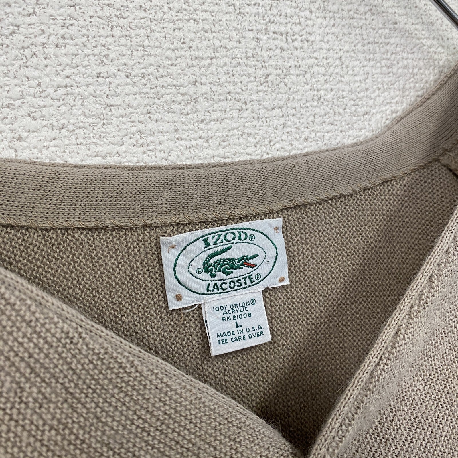 80s～　IZOD LACOSTE　アイゾッドラコステ　アクリルニットカーディガン　刺繍ロゴ　ヴィンテージ　ベージュ　Lサイズ　古着