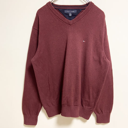 古着 used　TOMMYHILFIGER　トミーヒルフィガー　長袖Vネックニット　セーター　ワインレッド　秋冬服　Lサイズ