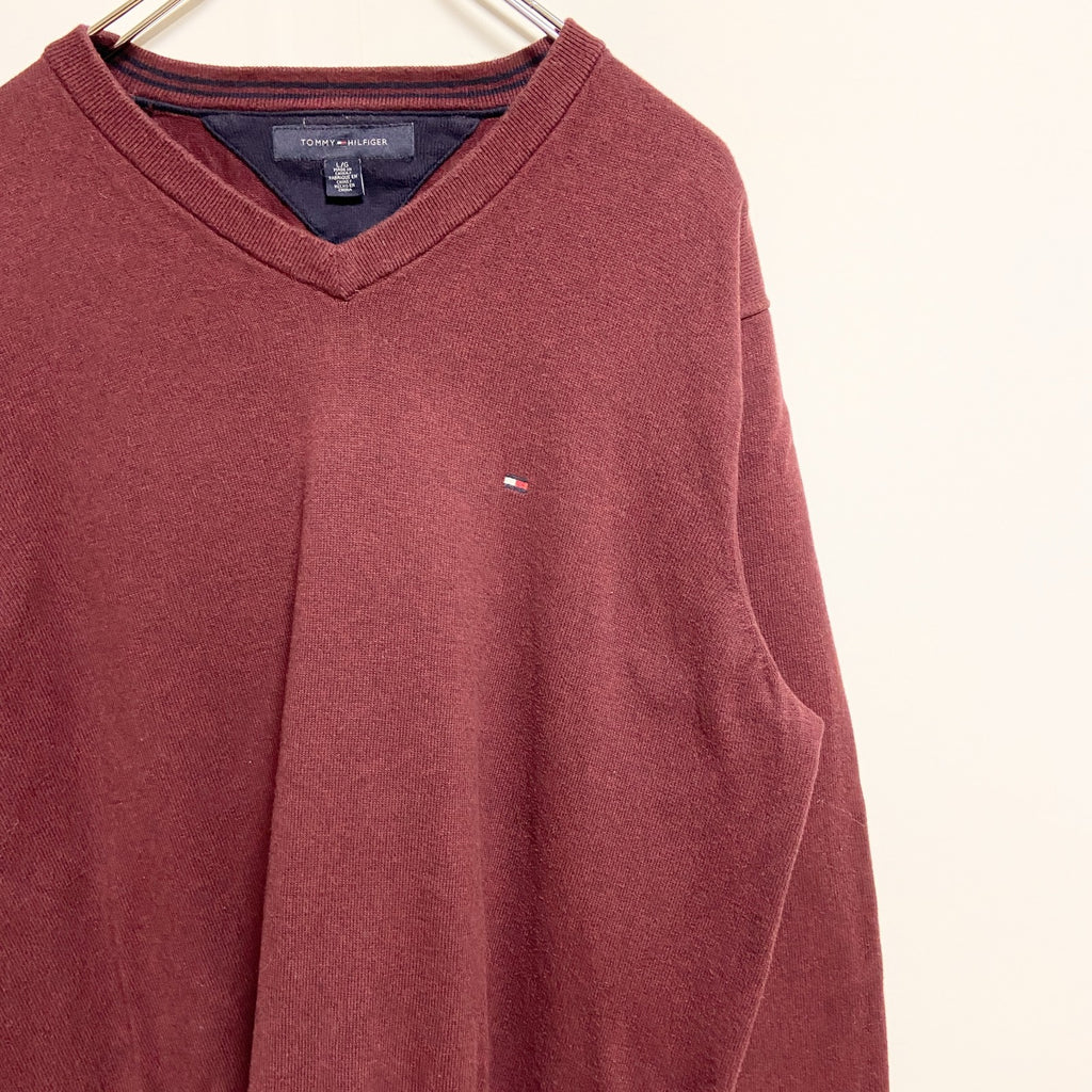 TOMMYHILFIGER　トミーヒルフィガー　長袖Vネックニット　セーター　ワインレッド　秋冬服　Lサイズ　古着