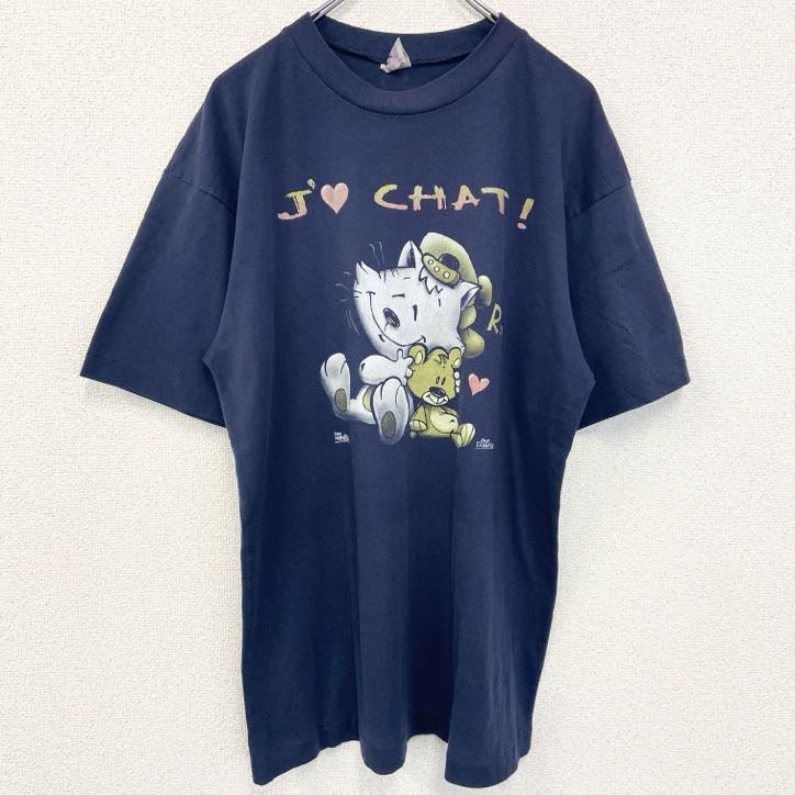 90s　半袖キャラクタープリントTシャツ　アニマル柄　シングルステッチ　ヴィンテージ　ネイビー　紺　Lサイズ　古着