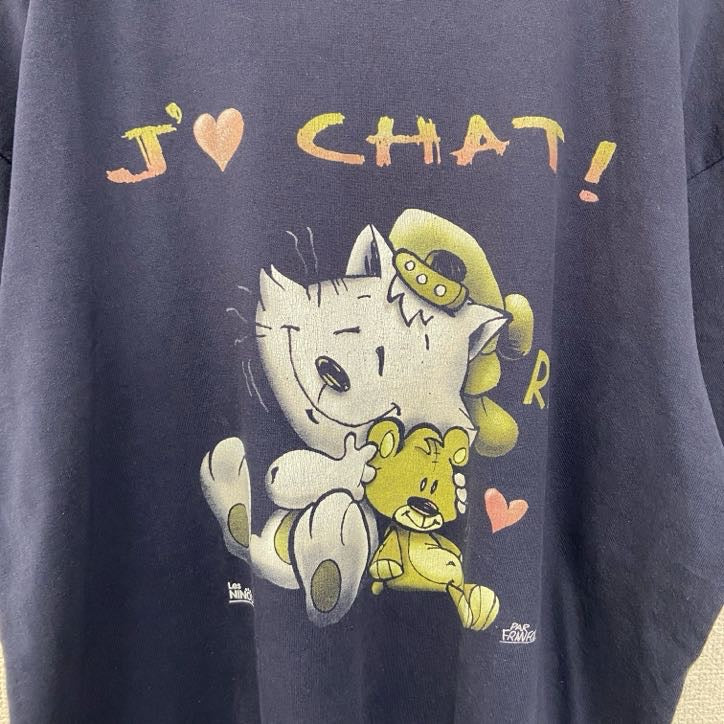 90s　半袖キャラクタープリントTシャツ　アニマル柄　シングルステッチ　ヴィンテージ　ネイビー　紺　Lサイズ　古着