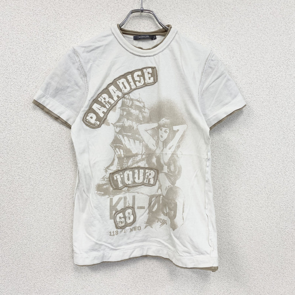 RIVERISLAND　半袖プリントTシャツ　船　英字プリント　PARADISE TOUR　白　ホワイト　Sサイズ　古着