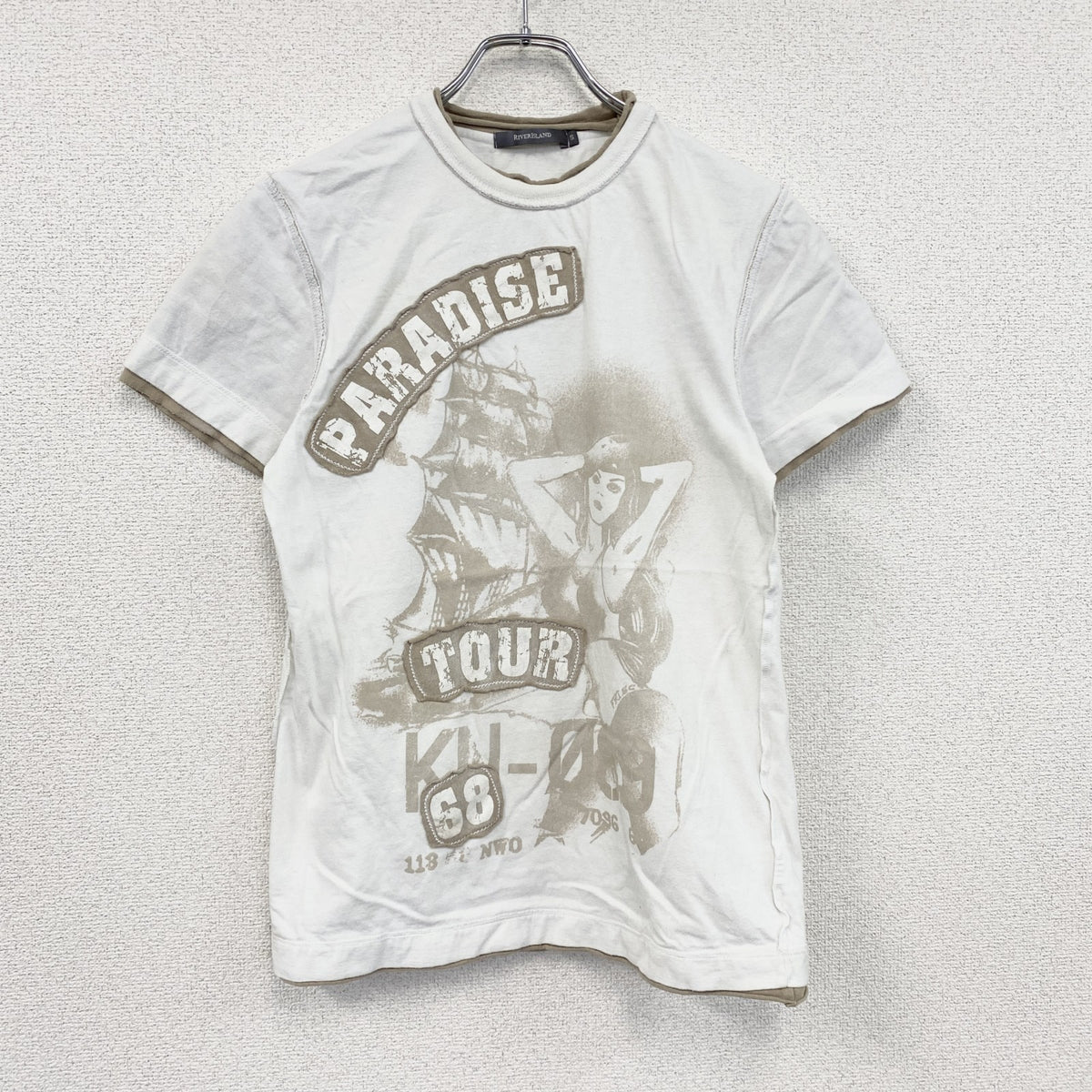 RIVERISLAND　半袖プリントTシャツ　船　英字プリント　PARADISE TOUR　白　ホワイト　Sサイズ　古着