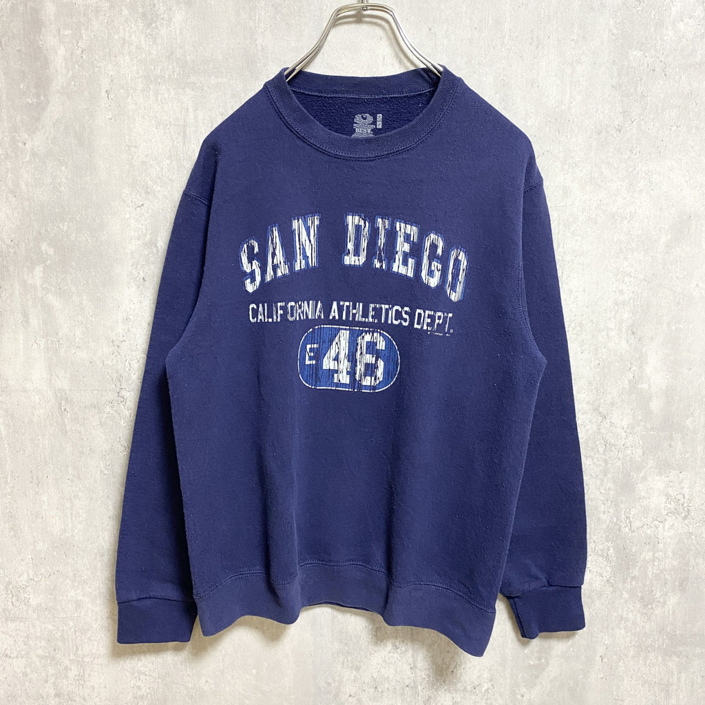 フルーツオブザルーム　SAN DIEGO　長袖プリントスウェット　トレーナー　ネイビー　紺　カレッジ　Sサイズ　古着