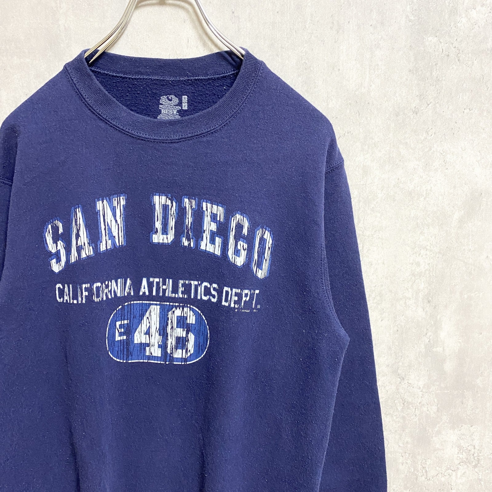 フルーツオブザルーム　SAN DIEGO　長袖プリントスウェット　トレーナー　ネイビー　紺　カレッジ　Sサイズ　古着