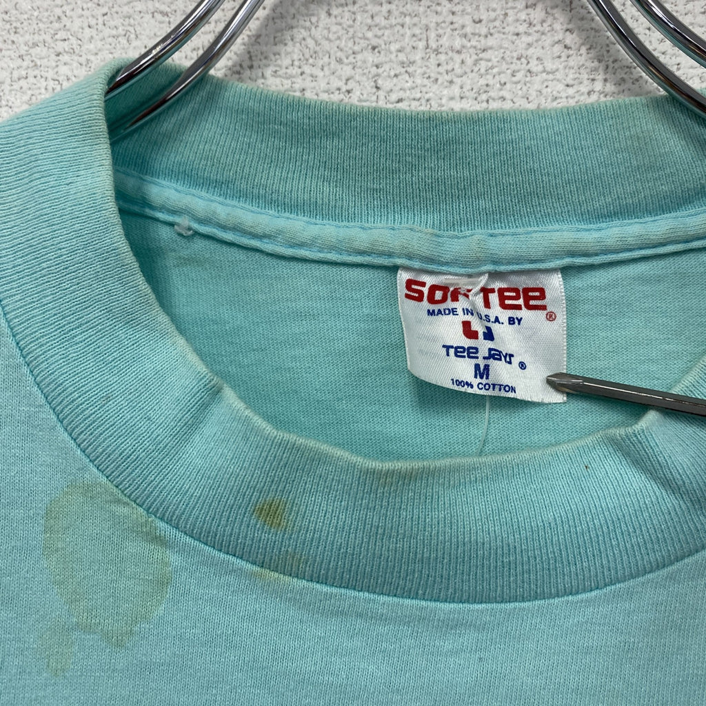 90s　Softee　TEE JAYS　半袖プリントTシャツ　シングルステッチ　アーチプリント　ヴィンテージ　水色　ライトブルー　Mサイズ　古着
