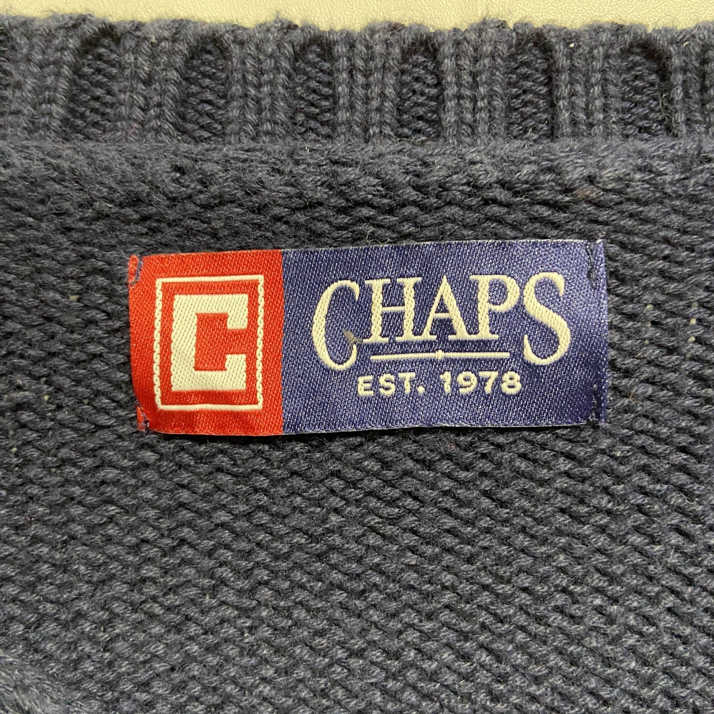 古着 used　CHAPS　長袖クルーネックニット　セーター　ワンポイント刺繍　ネイビー　ビッグシルエット　XLサイズ　