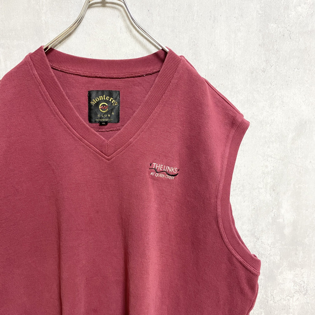 Monterey　ニットベスト　Vネック　ワンポイント　刺繍ロゴ　ビックシルエット　赤　レッド　XXLサイズ　古着