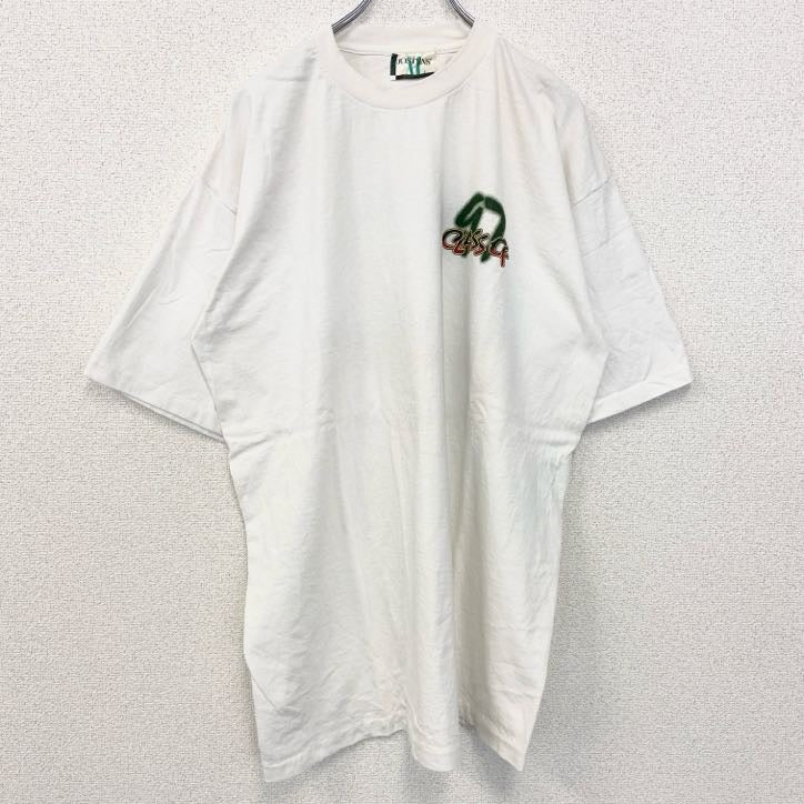 90s　半袖プリントTシャツ　クルーネック　ヴィンテージ　シングルステッチ　白　ホワイト　ワンポイント　XLサイズ　古着