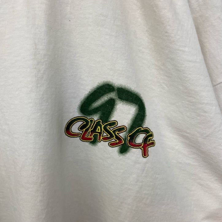 90s　半袖プリントTシャツ　クルーネック　ヴィンテージ　シングルステッチ　白　ホワイト　ワンポイント　XLサイズ　古着