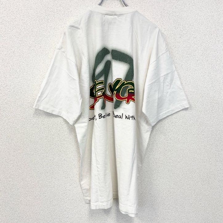 90s　半袖プリントTシャツ　クルーネック　ヴィンテージ　シングルステッチ　白　ホワイト　ワンポイント　XLサイズ　古着