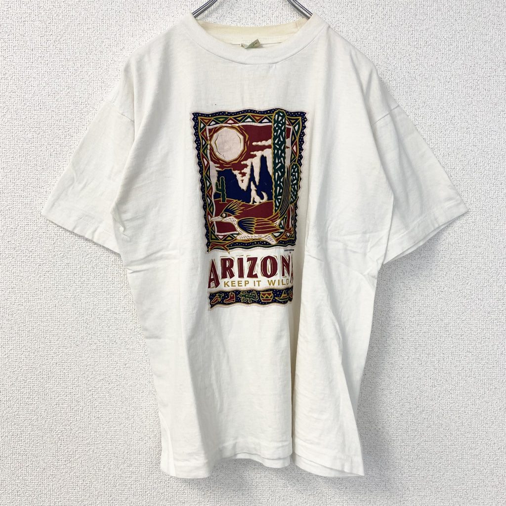 半袖プリントTシャツ　90s　ARIZONA　シングルステッチ　クルーネック　レトロ　白　ホワイト　Lサイズ　　ヴィンテージ　古着