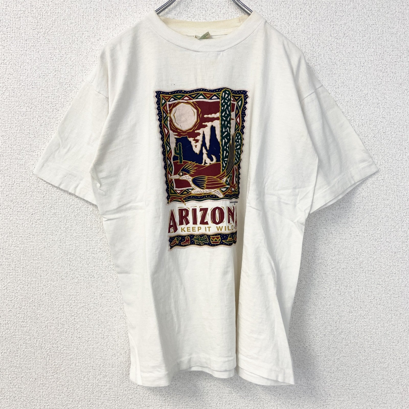 半袖プリントTシャツ　90s　ARIZONA　シングルステッチ　クルーネック　レトロ　白　ホワイト　Lサイズ　　ヴィンテージ　古着