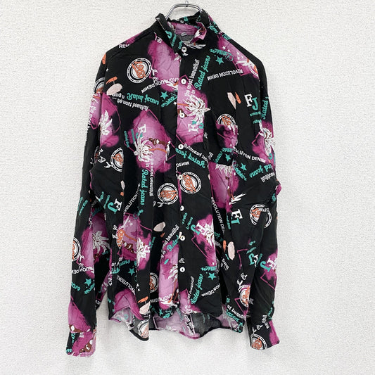 CARDCHE　長袖シャツ　総柄　黒　ブラック　ピンク　XLサイズ