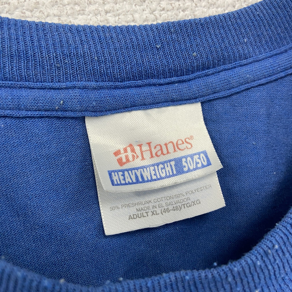 Hanes　ヘインズ　半袖プリントＴシャツ　企業　メッセージ　青　ブルー　XLサイズ　古着