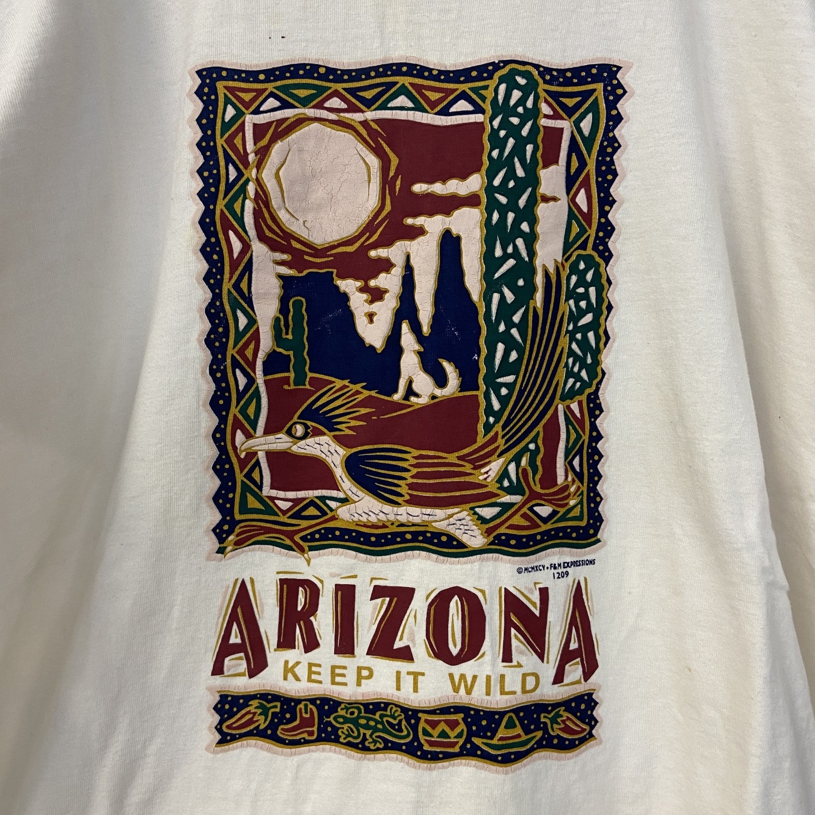 半袖プリントTシャツ　90s　ARIZONA　シングルステッチ　クルーネック　レトロ　白　ホワイト　Lサイズ　　ヴィンテージ　古着