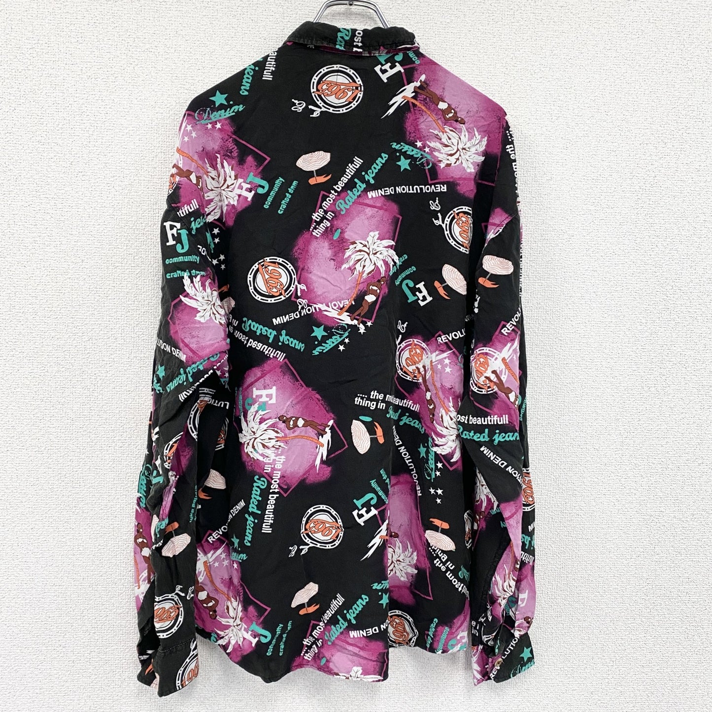 CARDCHE　長袖シャツ　総柄　黒　ブラック　ピンク　XLサイズ