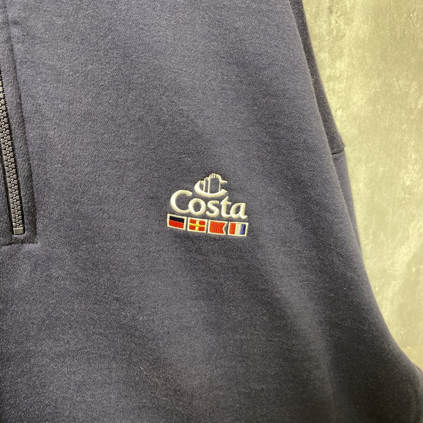 古着 used　Costa コスタ　長袖ロゴ刺繍ハーフジップスウェット　トレーナー　フルシップ　ネイビー　ハイネック　XLサイズ