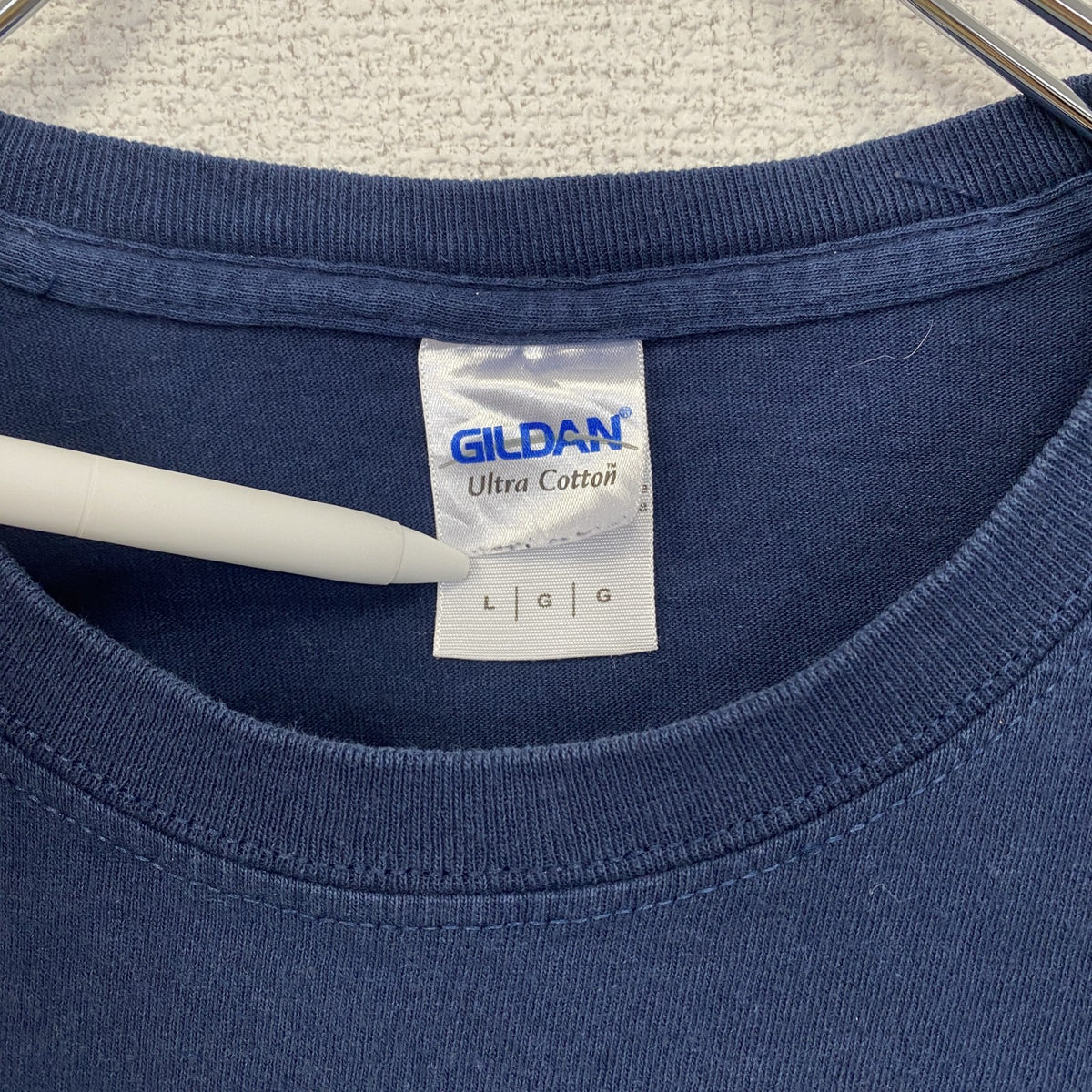 GILDAN　半袖ロゴプリントＴシャツ　英字　筆記体　アメリカ国旗　鷲　レトロデザイン　クルーネック　Lサイズ　古着