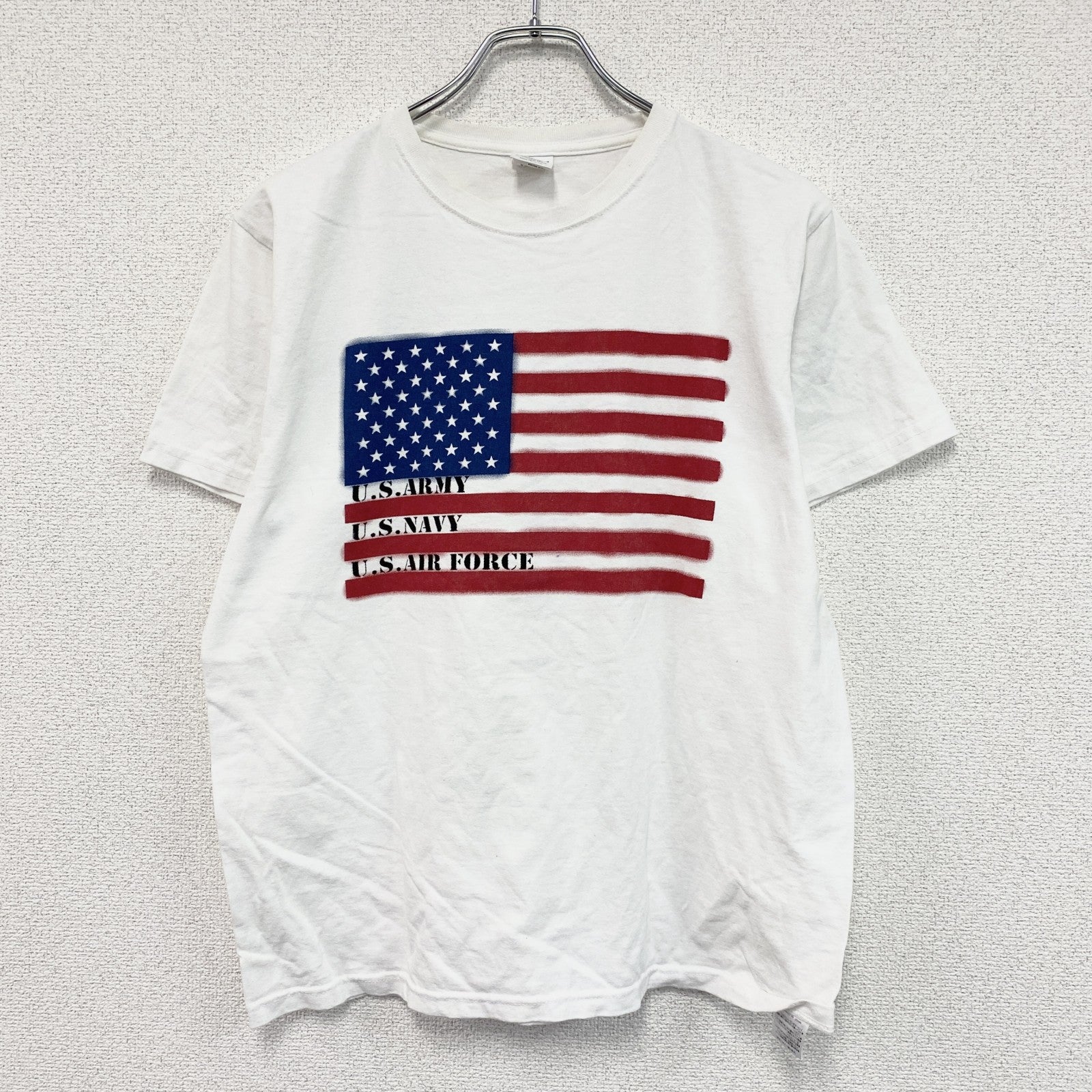 HOUSTON　ヒューストンン　米軍　U.S.NAVY　U.S.ARMY　半袖プリントTシャツ　星条旗　白　ホワイト　Lサイズ　古着