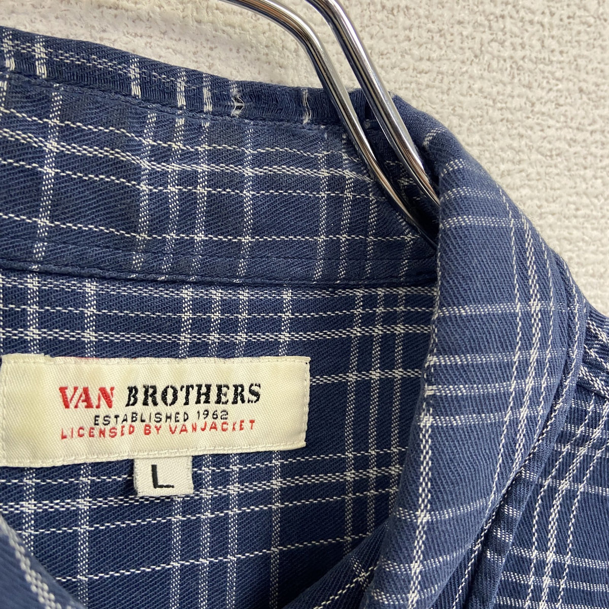 VAN BROTHERS　ヴァン・ブラザーズ　長袖シャツ　チェック柄　刺繍ロゴ　青　ブルー　Lサイズ　古着