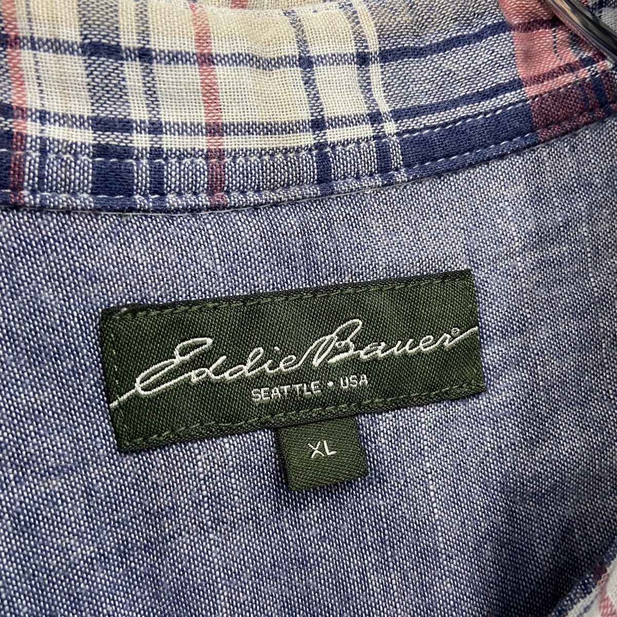 Eddie Bauer　エディーバウアー　長袖ボタンダウンシャツ　チェック柄　マルチカラー　赤　レッド　紺　ネイビー　XLサイズ メンズ コットン 古着